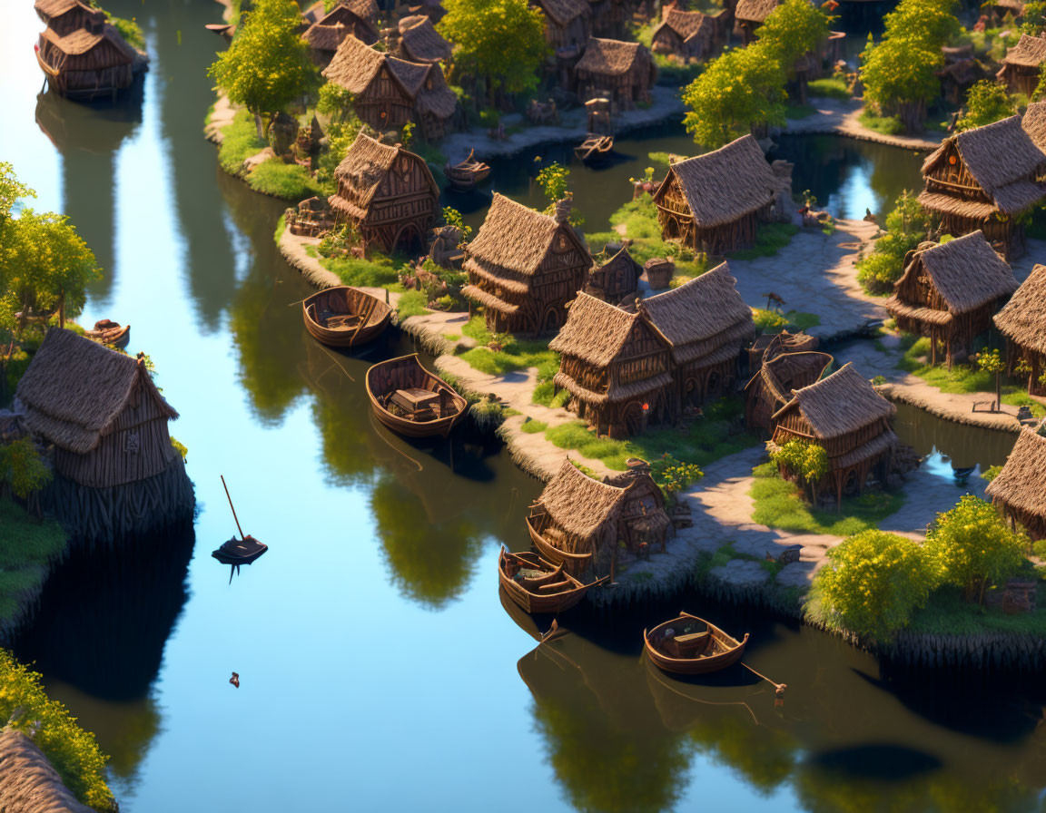 Tranquil riverside village with thatched-roof huts and wooden boats