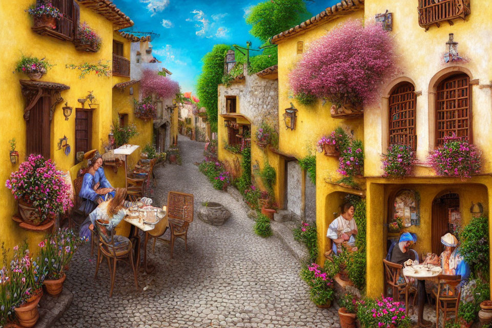 Vibrant Yellow Houses and Blooming Flowers in Cobblestone Alley