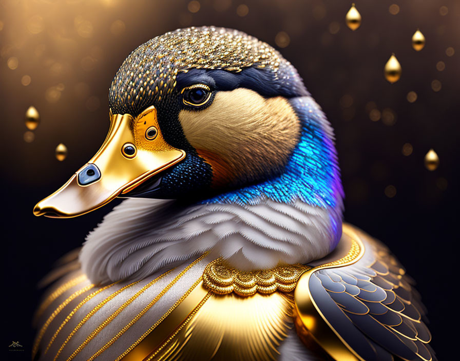 Stylized duck with iridescent feathers and golden tones