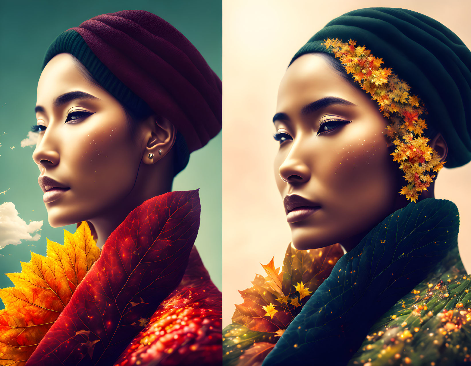 Woman with Autumn Leaves in Red and Green Turban in Digital Artwork