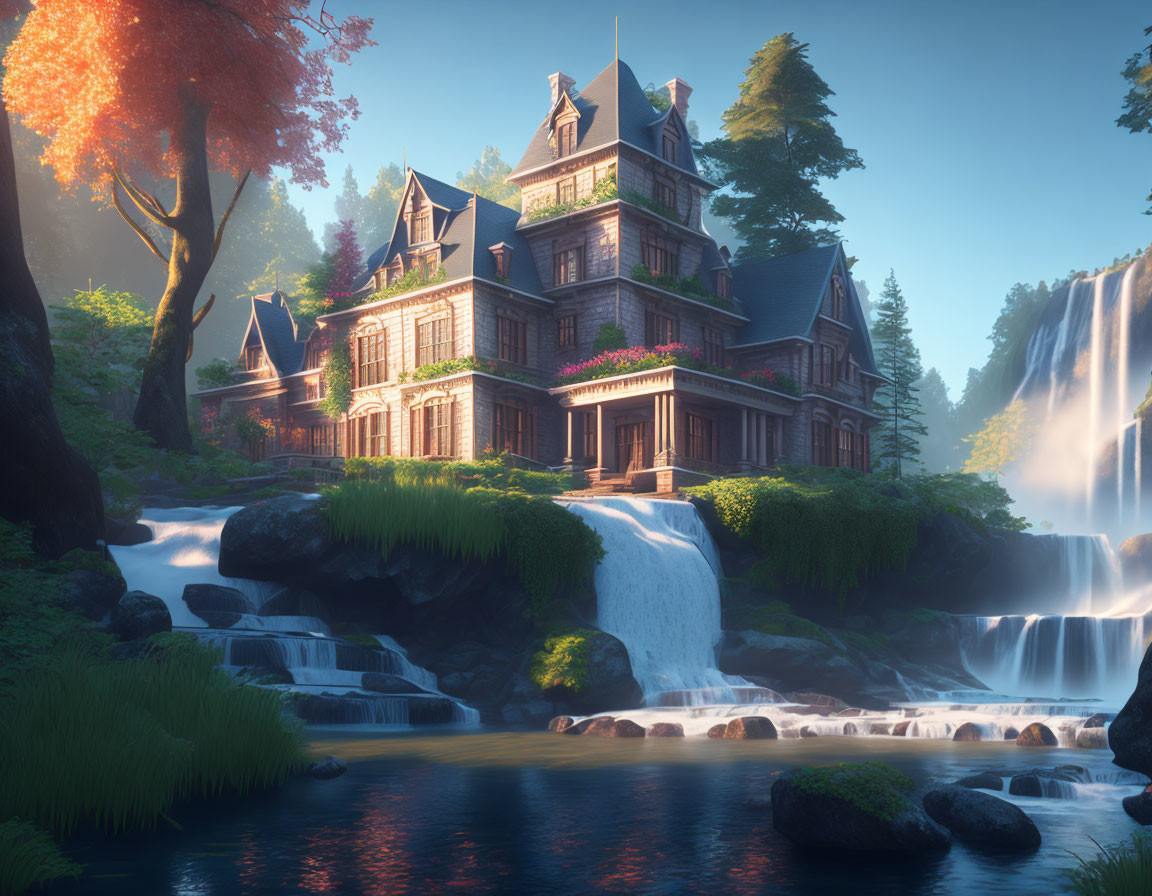 Victorian-style mansion in lush wilderness with waterfall and stream