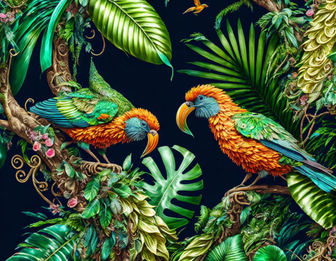 Vibrant parrots in lush tropical setting with spread wing