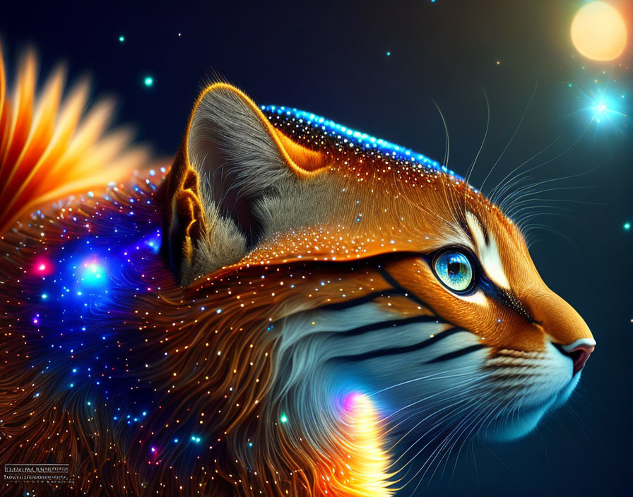 Vibrant orange cosmic feline in starry space landscape