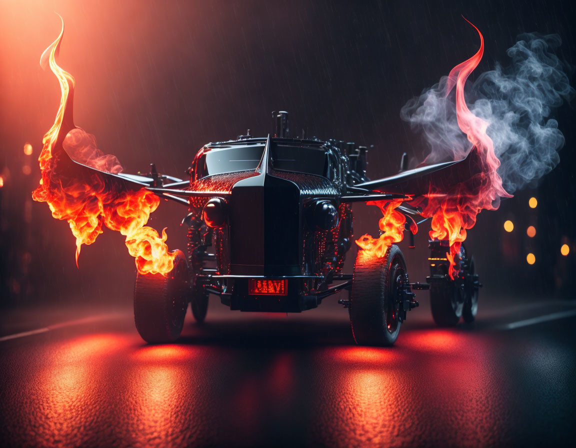 Stylized car with flaming wheels on wet city street at night