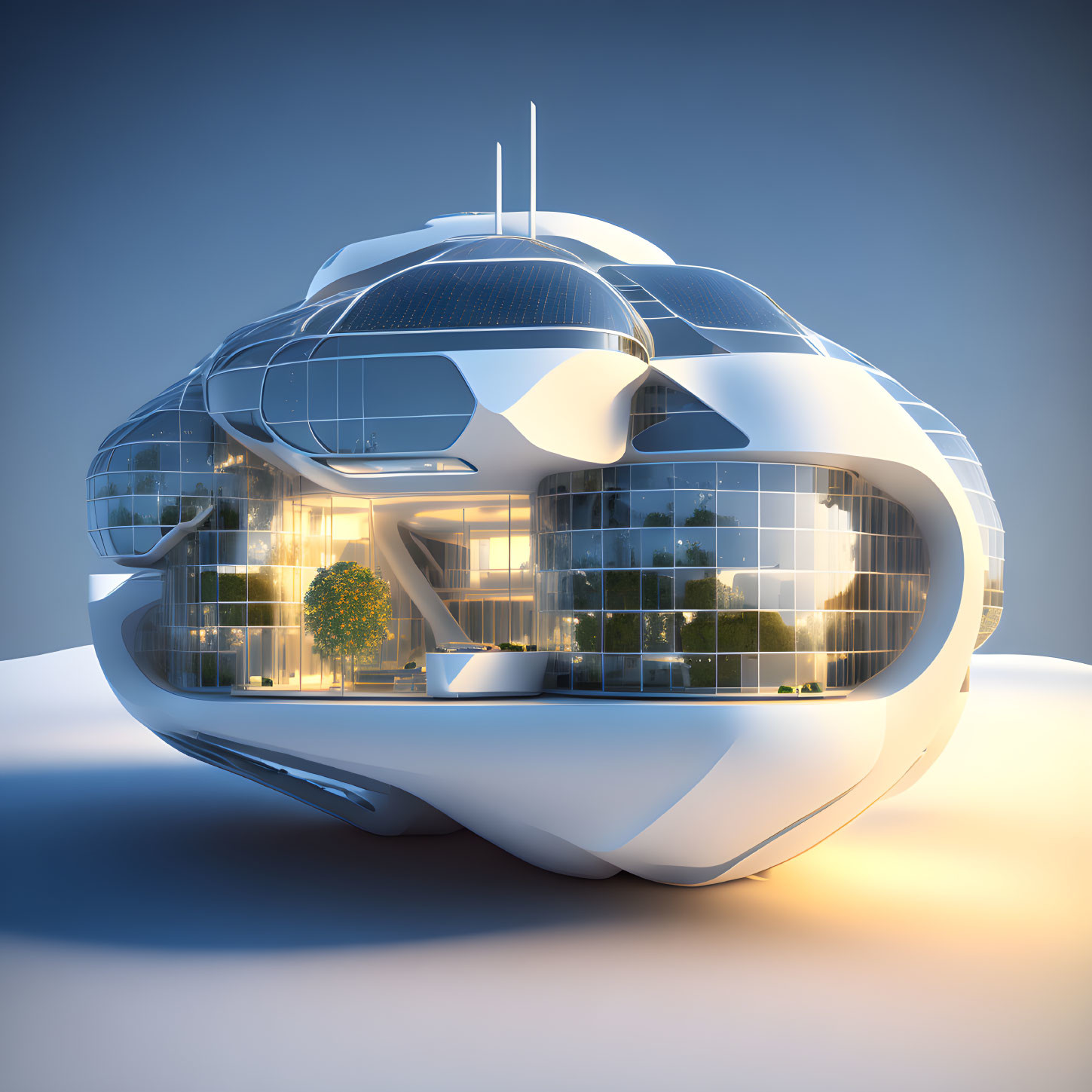 Modern spherical building with transparent walls, solar panels, and greenery under dusk sky