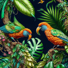 Vibrant parrots in lush tropical setting with spread wing