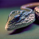 Detailed close-up of colorful snake scales and glossy eye on soft background