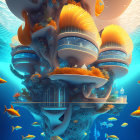 Colorful Digital Artwork: Underwater Scene with Coral Architecture and Fish