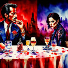 Gothic artwork of vampire couple at bloody banquet with castle backdrop