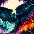 Colorful Artwork of Dark-Winged Angel in Flames and Mystical Energy