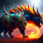 Fiery-Blue Beast with Multiple Horns in Volcanic Landscape