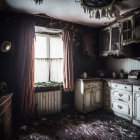 Abandoned room with peeling walls, dusty curtains, disheveled bed, antique appliances