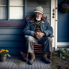 Elderly man in glasses and cap on porch with potted plant