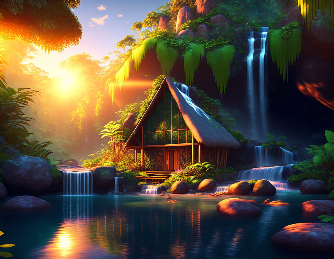 Tranquil tropical landscape with thatched hut by waterfall