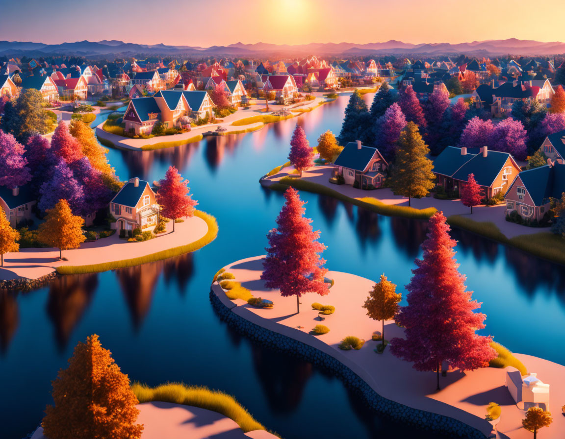 Colorful Sunset Suburban Landscape with Trees, Waterways, and Houses