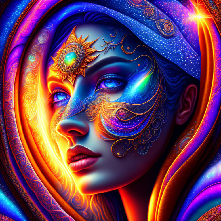 Colorful digital art of a woman with blue and gold face paint and cosmic background