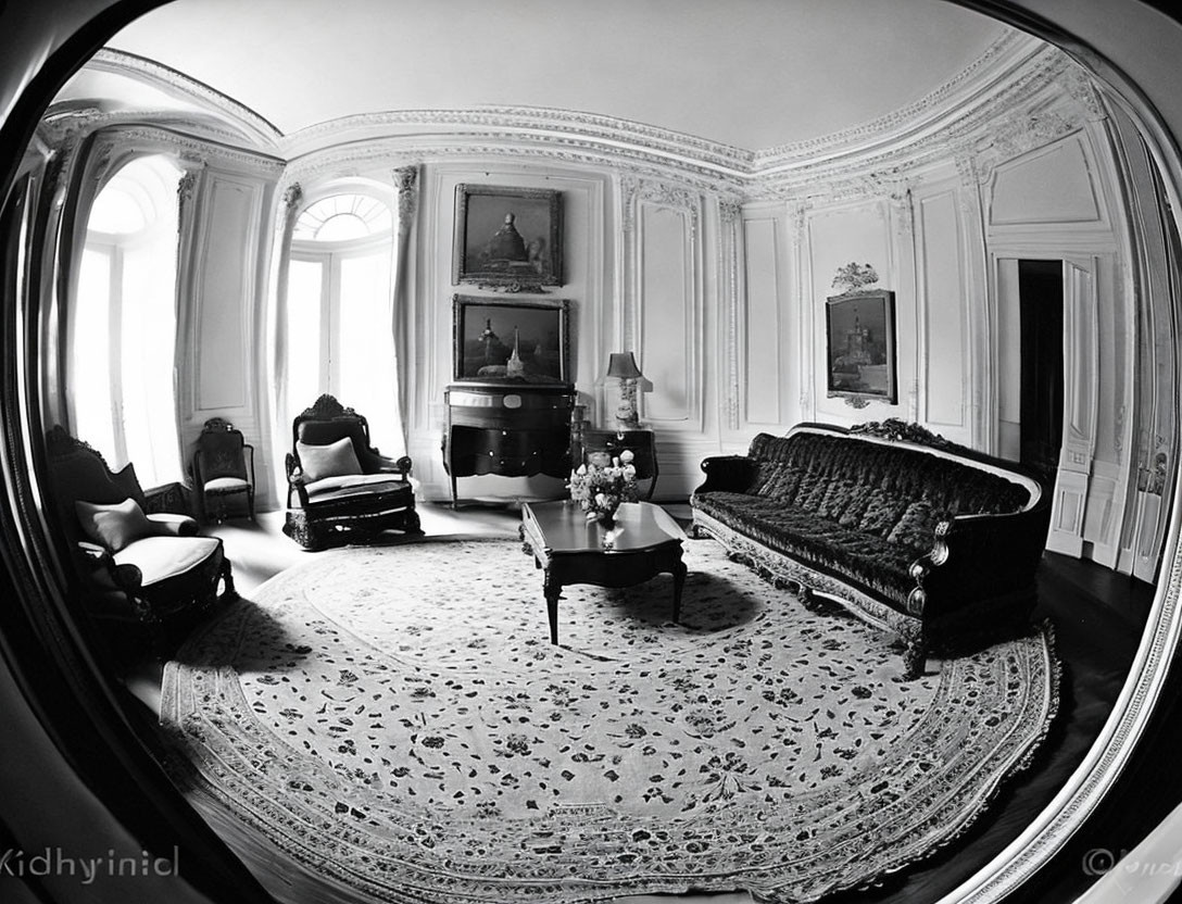 Vintage room with elegant furniture and floral arrangements in black and white fisheye photo