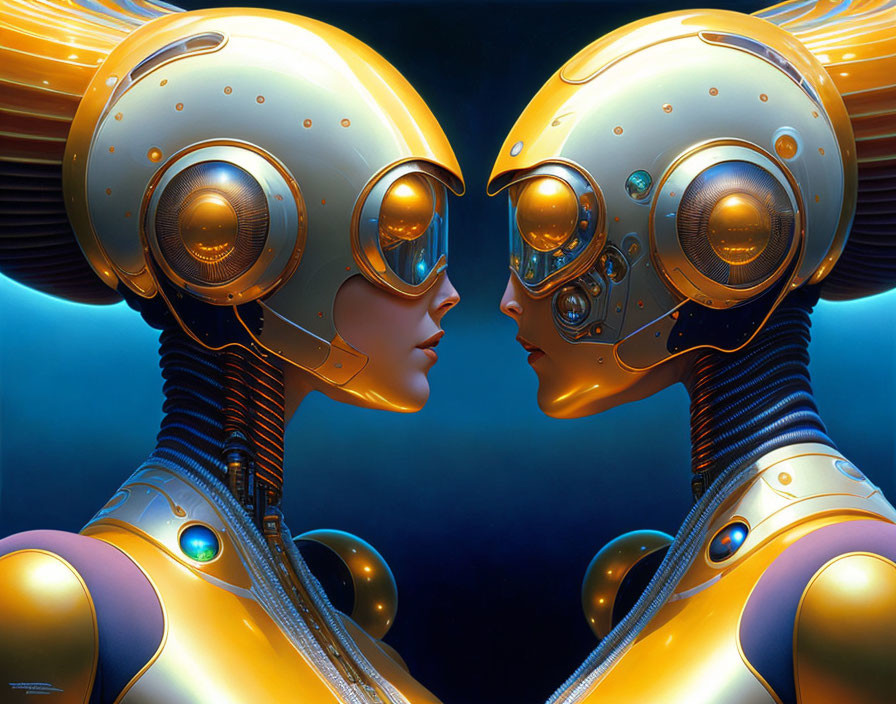 Futuristic humanoid robots touching foreheads on blue backdrop