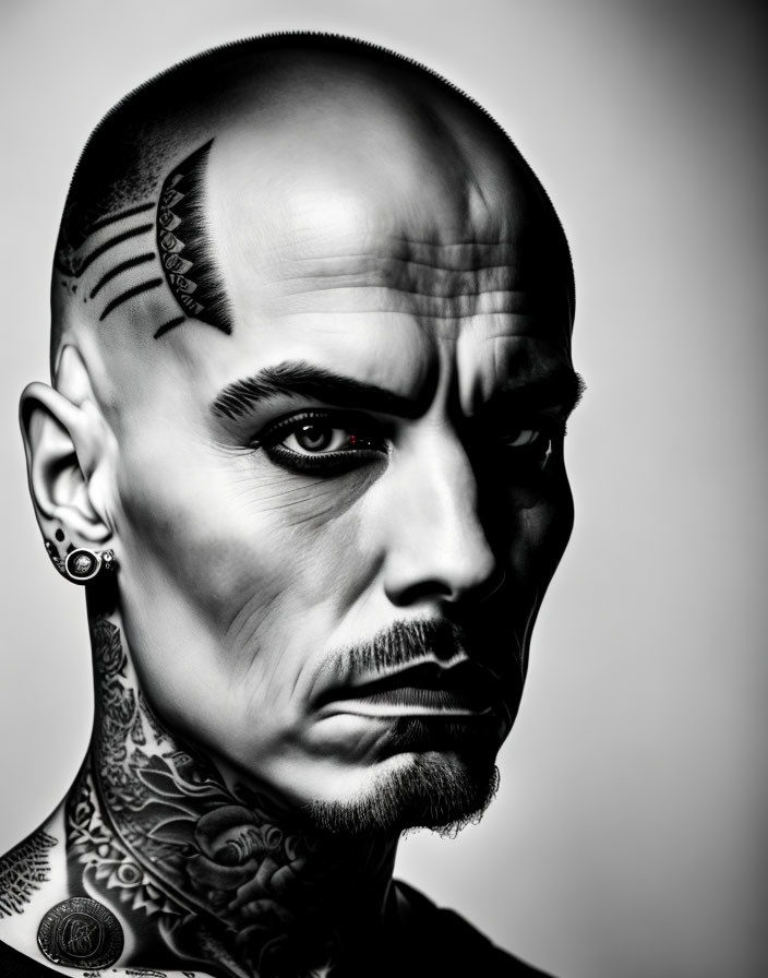 Monochrome portrait: bald person with facial and neck tattoos