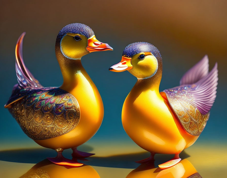 Pair of ornate duck figurines with intricate patterns and vivid colors