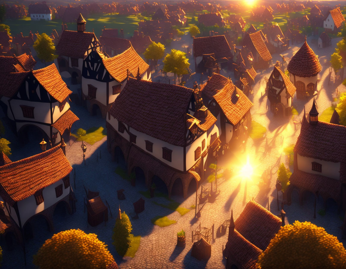 Medieval town at sunset: cobblestone streets, half-timbered houses, long shadows