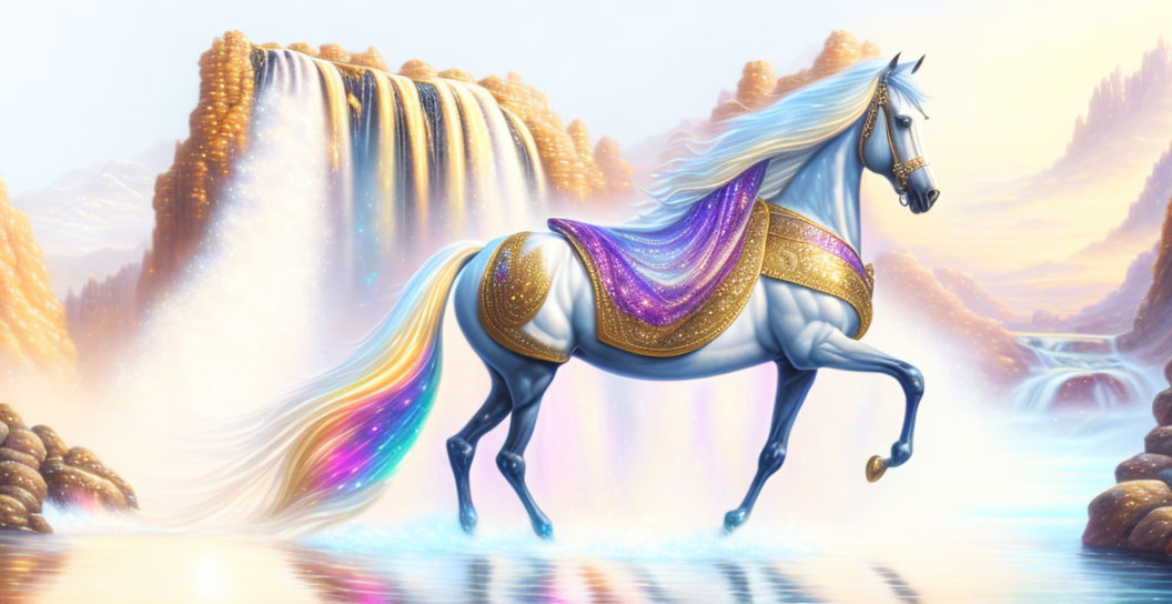 Majestic horse with shimmering mane near waterfall in fantasy landscape