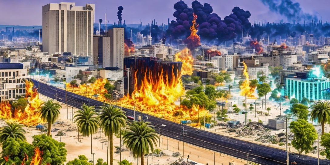 City skyline with large fires and smoke plumes depicting destruction.