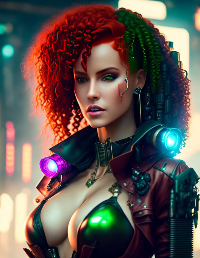 Futuristic female figure with cybernetic enhancements and vibrant hair in neon-lit setting