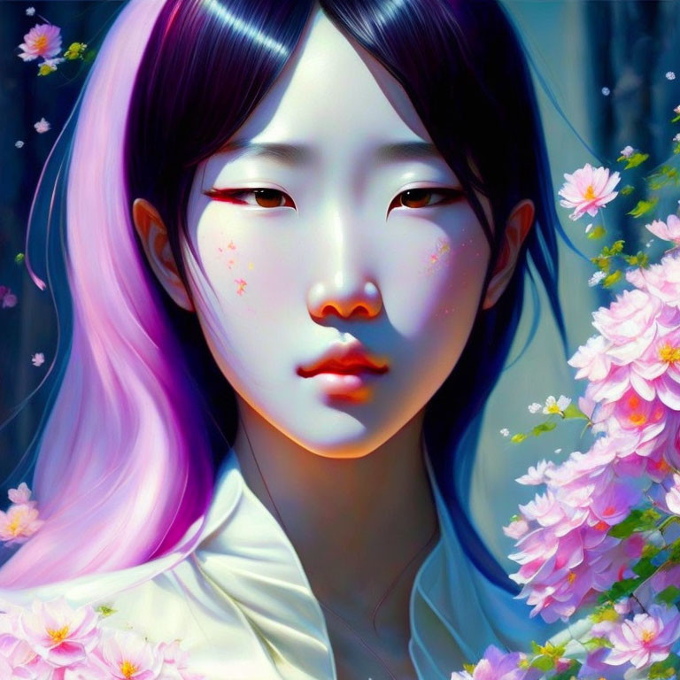 Illustrated portrait of girl with ombre pink hair and red eyes in serene pose among pink flowers