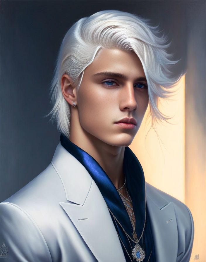 Man with White Hair in White Suit and Blue Shirt, Digital Artwork