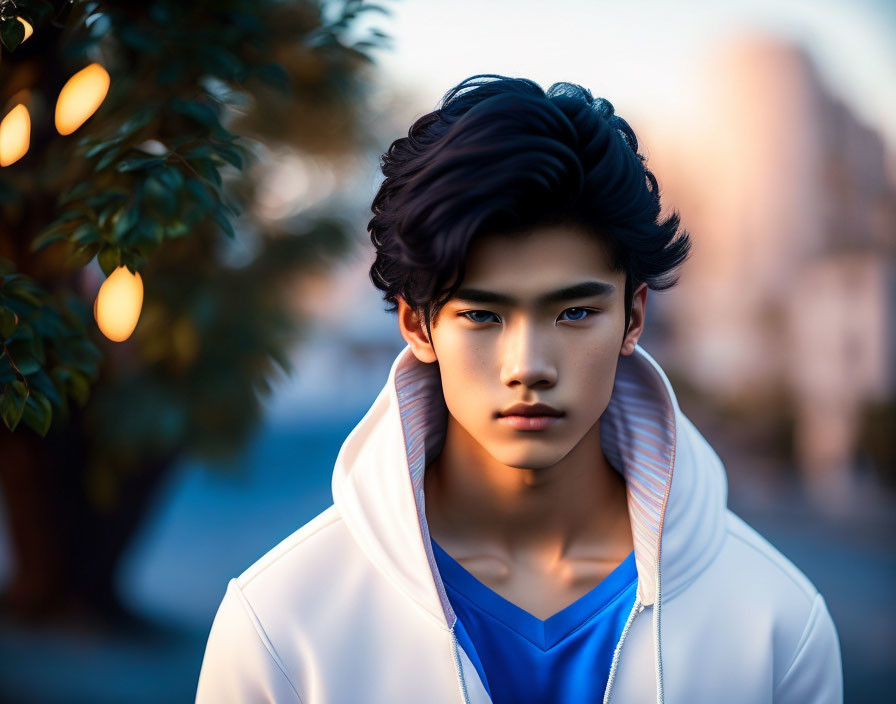 Stylish young man with wavy black hair in white and blue hoodie against urban backdrop at dusk