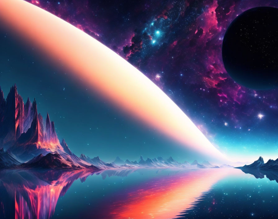 Colorful cosmic landscape with planet, nebula, mountains, and purple water