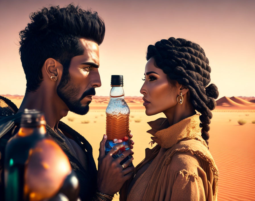 Stylized characters with intricate hairstyles and fashionable clothing in desert setting