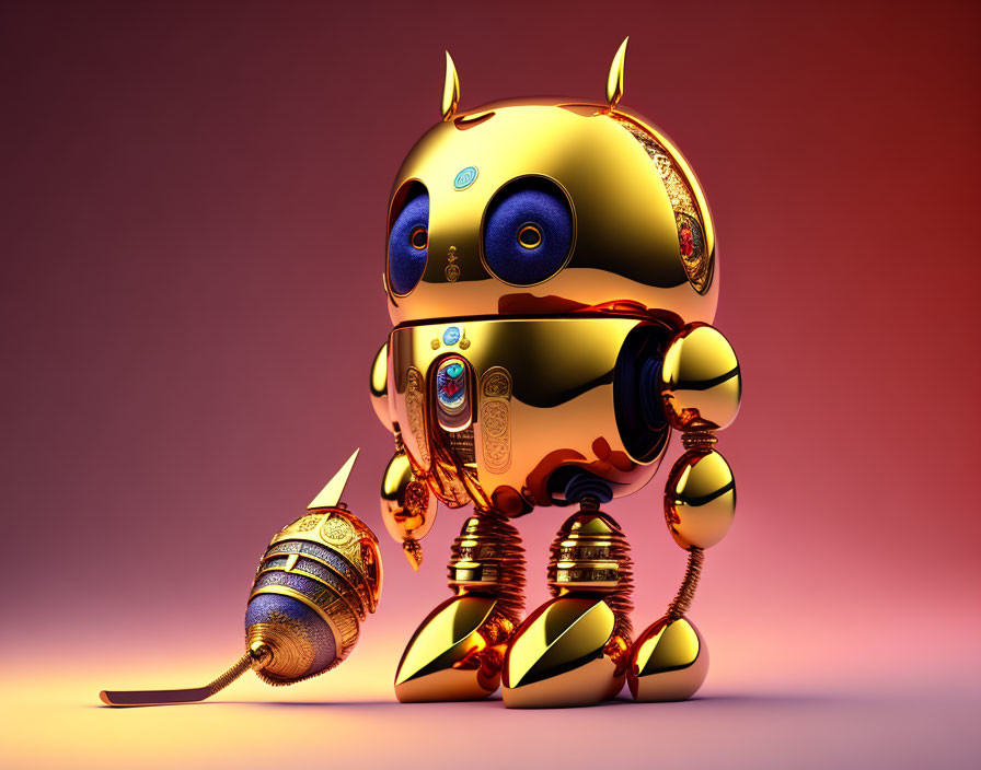 Gold and bronze robot with blue eyes next to rocket on pink background