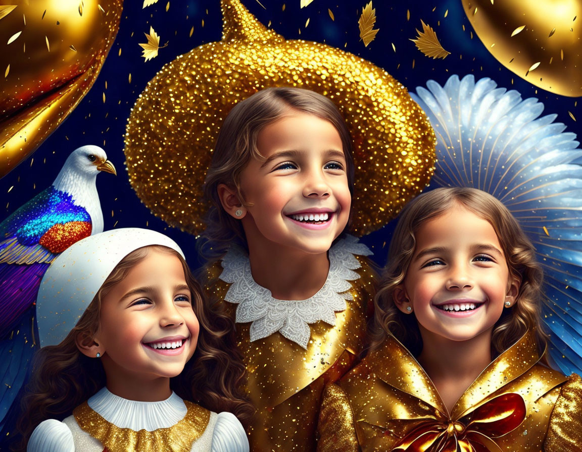 Festive Children in Gold Outfits with Fireworks and Eagle