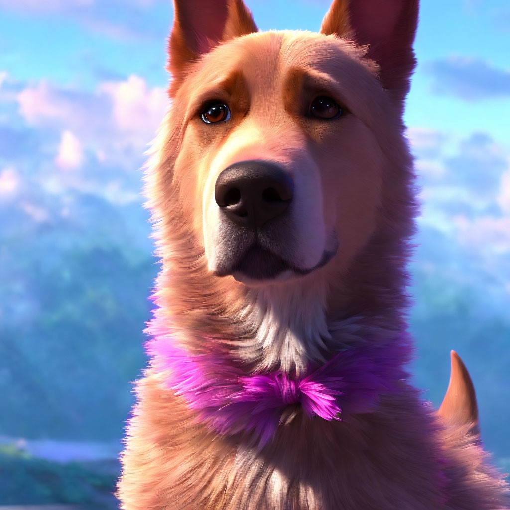 Computer-generated shepherd dog with shiny coat and purple bow in close-up shot.