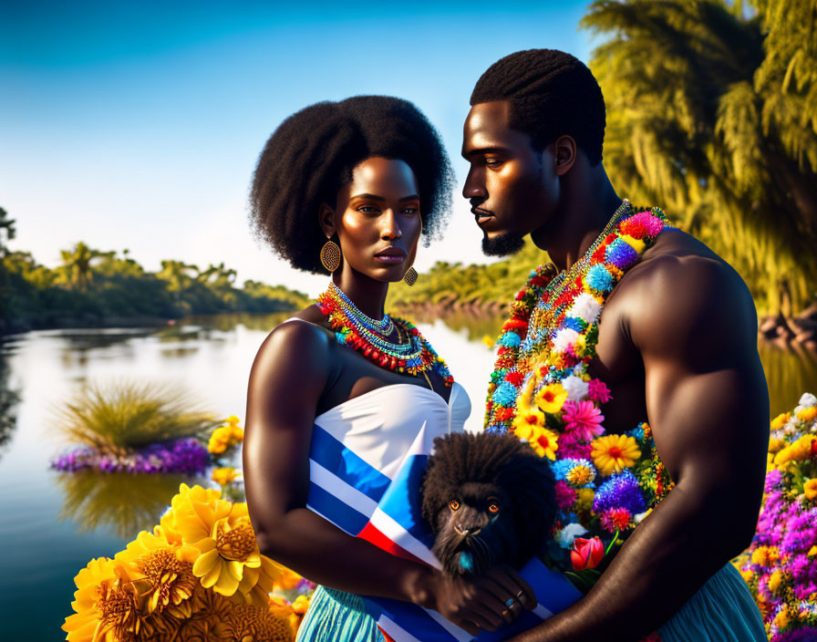 Couple with colorful flower leis and jewelry by river with poodle and lush flora