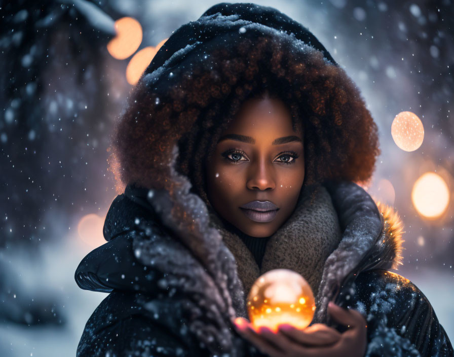 Woman in fur hood holding glowing orb in snowy scene