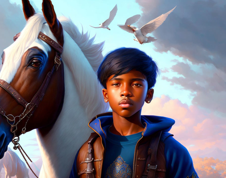 Boy with Reflective Eyes Standing by White Horse Under Sky with Flying Doves