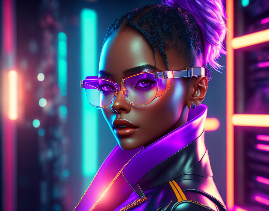 Digital art portrait: Woman with striking makeup, futuristic glasses, purple jacket, neon cityscape