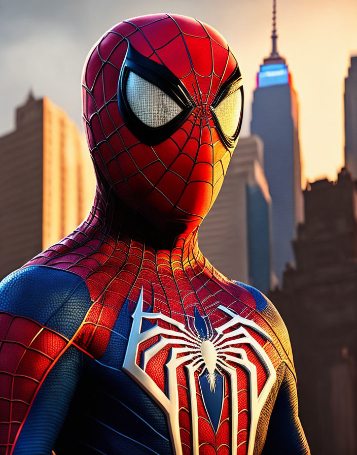 Detailed Spider-Man costume against city backdrop at sunset