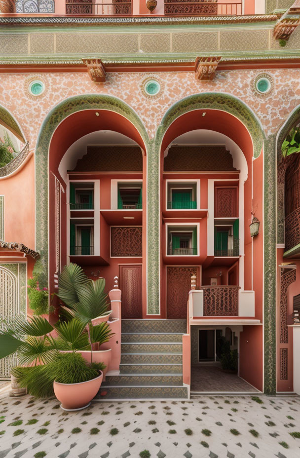 Traditional Courtyard with Arched Balconies and Greenery-Adorned Staircase