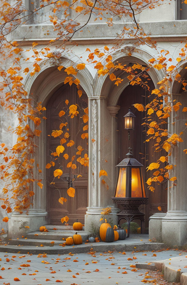 Antique Lantern Illuminates Autumn Porch with Pumpkins and Leaves