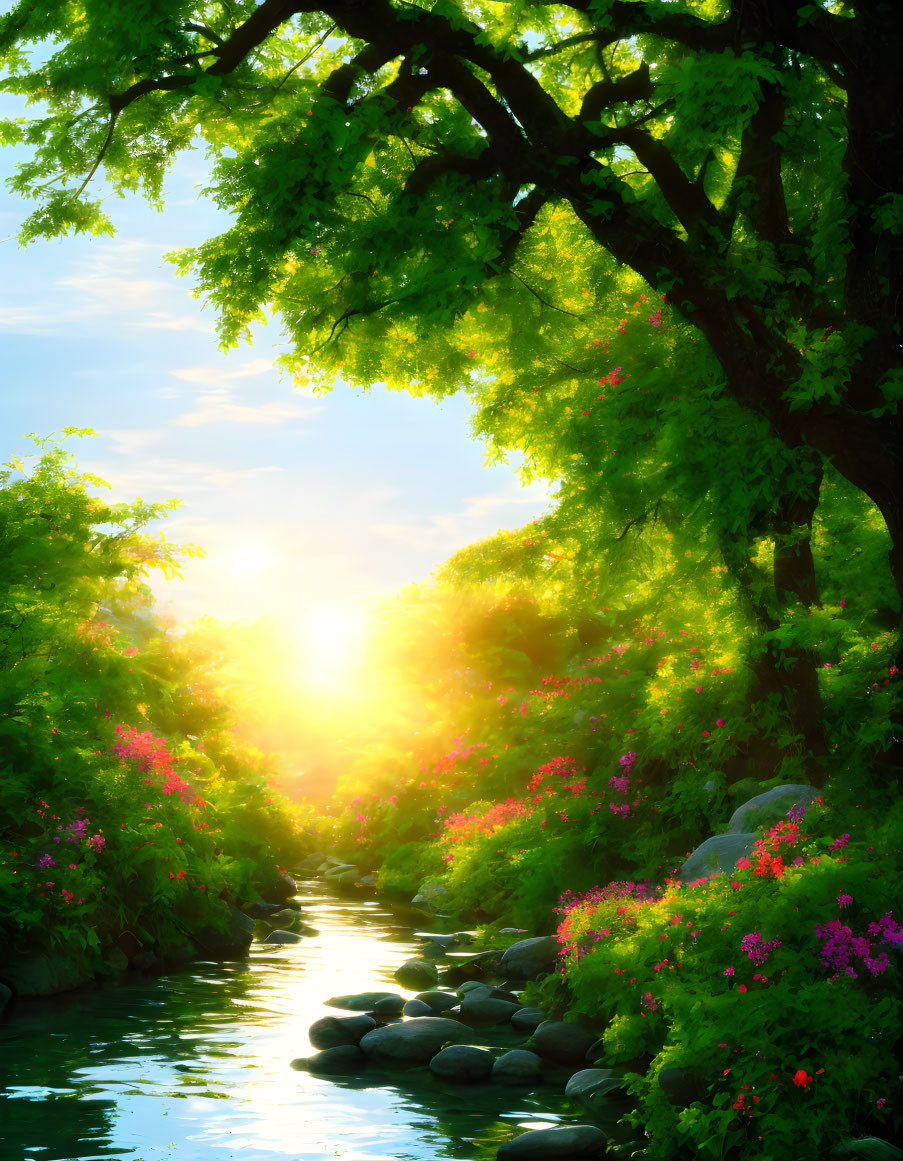 Tranquil river landscape with green trees and colorful flowers