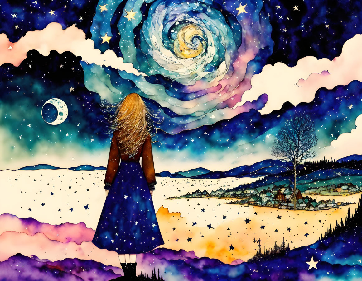 Person in blue dress gazes at cosmic swirl in night sky with moon, stars, and tree silhouette