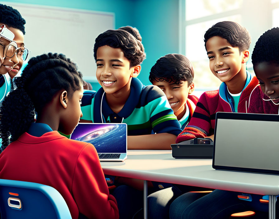 Smiling students with laptops in colorful classroom