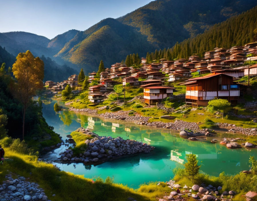 Scenic village with wooden houses nestled in green mountains