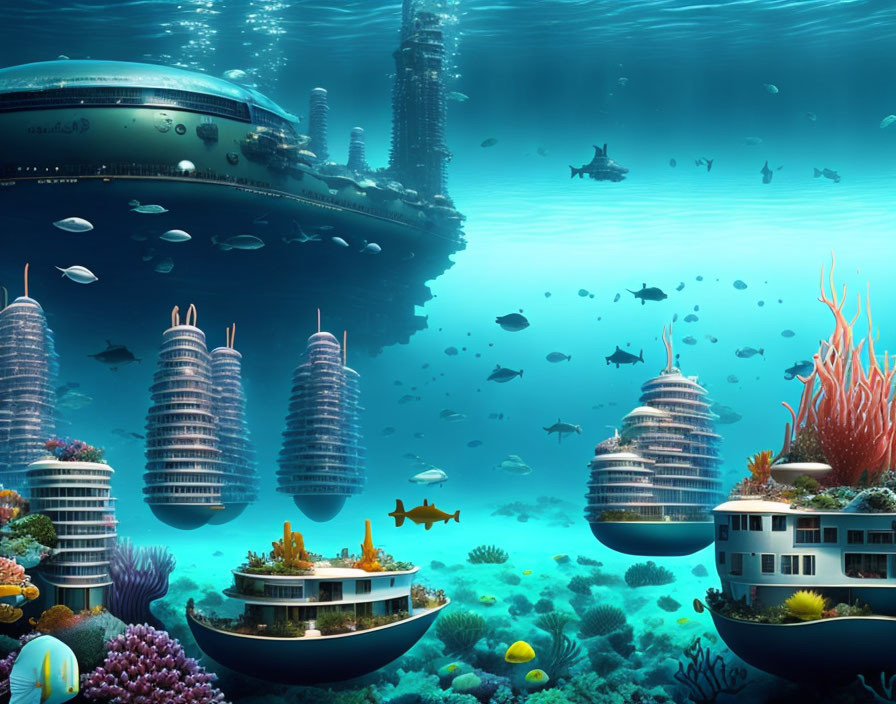 Futuristic underwater city with dome-shaped buildings and marine life.