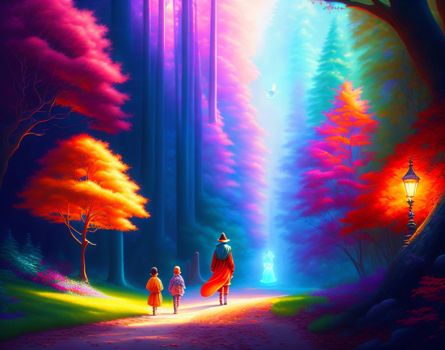 Enchanted forest path with glowing lantern and spectral figure