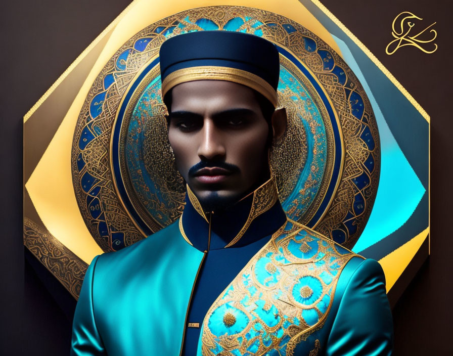 Styled Beard Man Poses in Turquoise Outfit with Gold Patterns